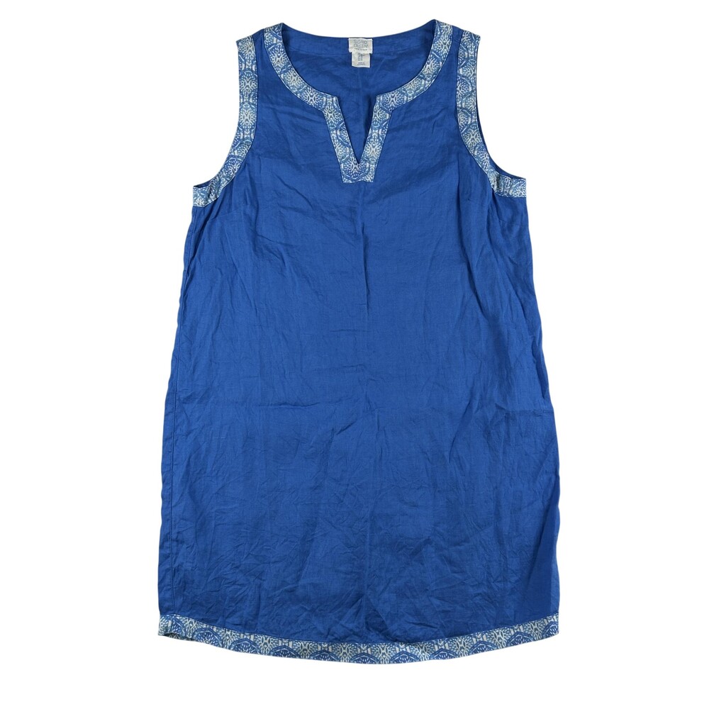 Sigrid Olsen Dress Womens Medium Blue Linen Sleeveless Shift V Neck Knee Length